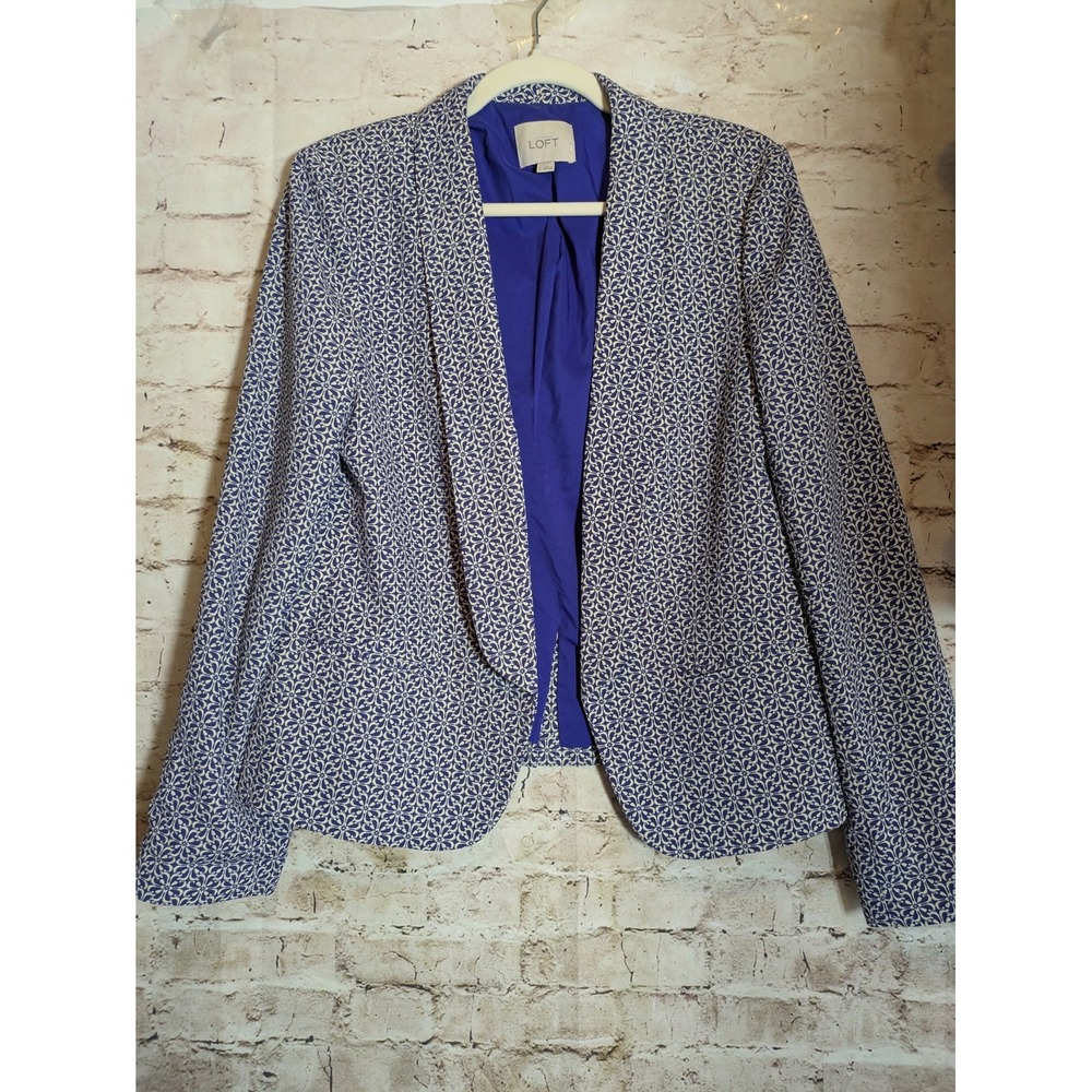 Ann Taylor Loft Lightweight Blazer Women's Large Royal Blue Medallion Print Open